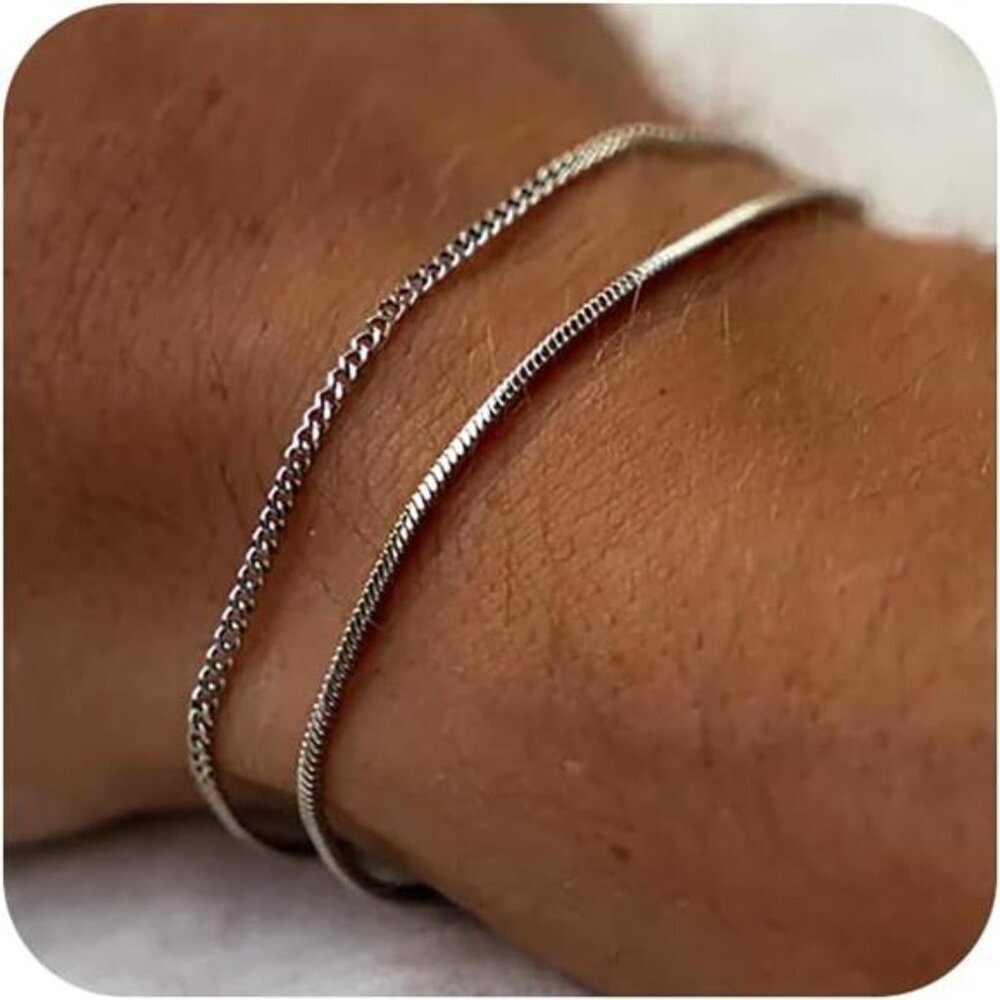 Snake Cuban Mens Bracelet Set Silver